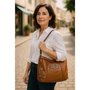 Brighton Shoulder Bag Brown Leather Tote Purse Heart Charm Logo Tassel Medium